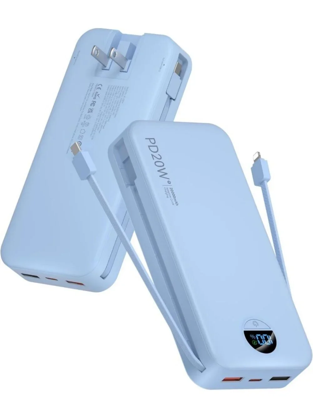 High-Capacity 20000mAh Portable Charger with Built-in Cables & Wall Plug - Blue
